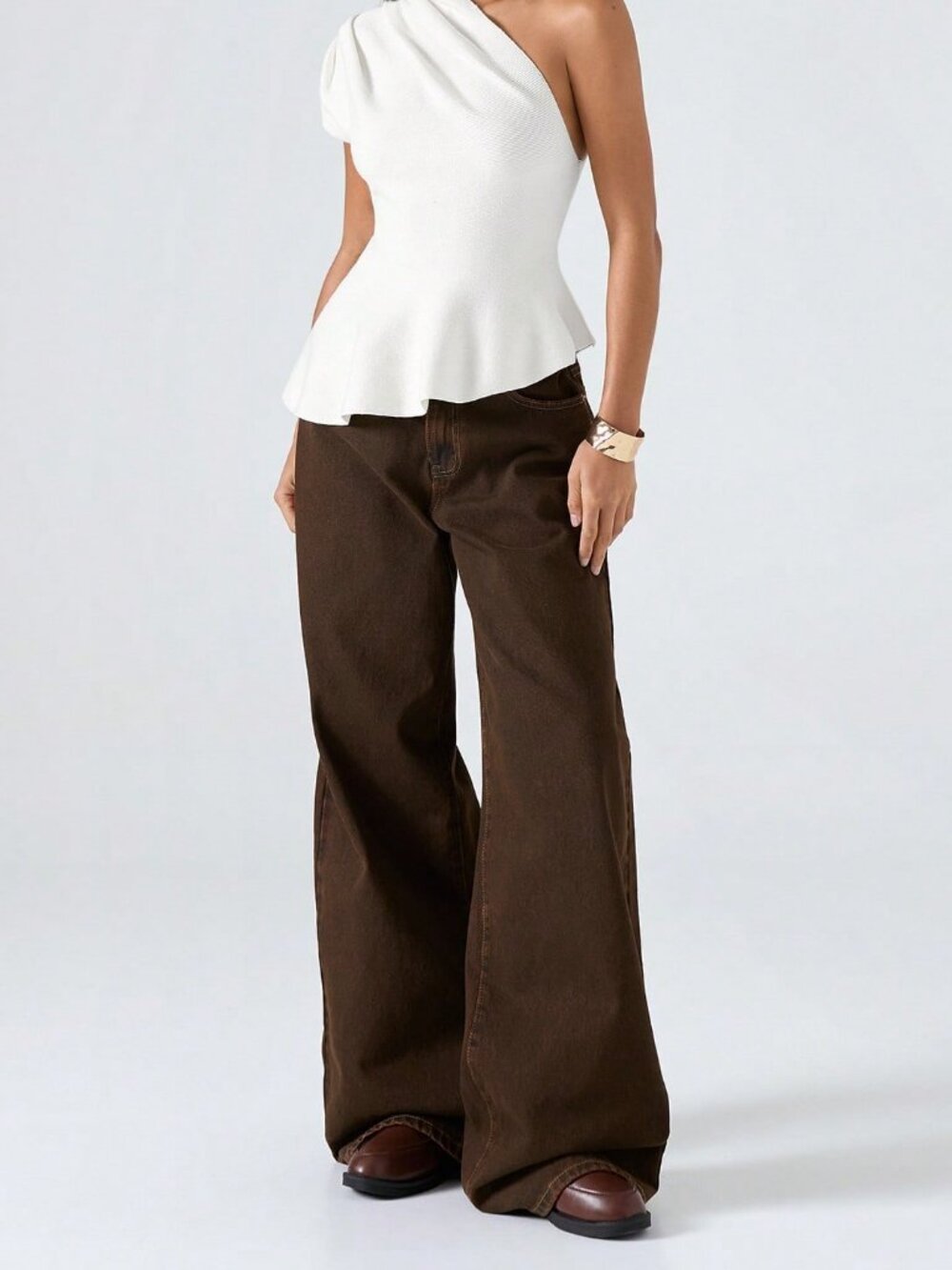 White Casual Women's Minimalist Asymmetric Neckline Pleated Elegant Knit Top - Picture 6 of 7
